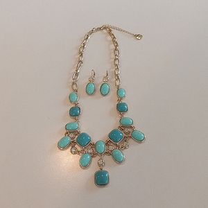 Monet Gold Tone Turquoise/Rhinestone Necklace and Earrings